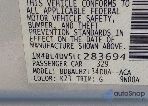 2020 Nissan Altima Sv Fwd z USA, uszkodzony, nr VIN 1N4BL4DV5LC283694